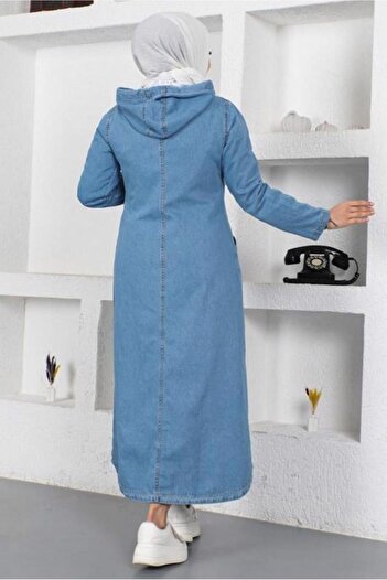 TRENDTESETTÜR Kadın Mavi Kapüşonlu Cepli Denim Trençkot T 1087