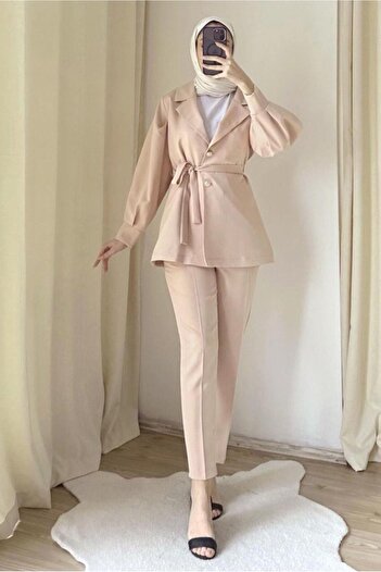 TRENDTESETTÜR Women's Beige Belted Trousers Suit T 4895