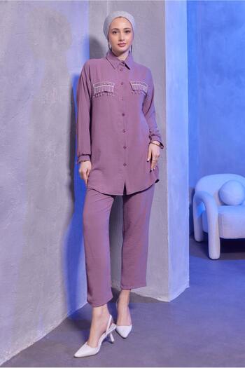 TRENDTESETTÜR WOMEN'S PINK (ROSE) STONE DETAILED PANT SUIT T 3093