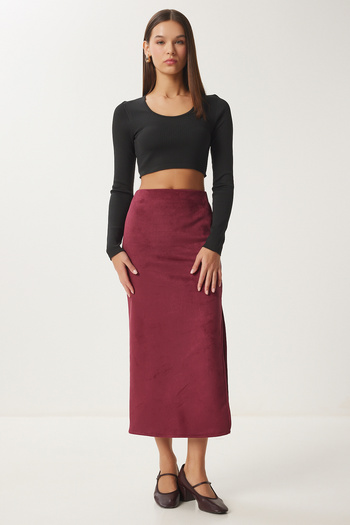 Lovelyİstanbul Slit Long Suede Skirt Bordo Lmc0046