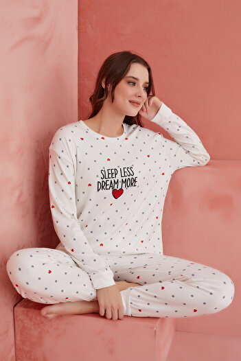 ELİTOL Sleep Less Dream More Heart Patterned Luxury Thermal Women's Pajamas Set