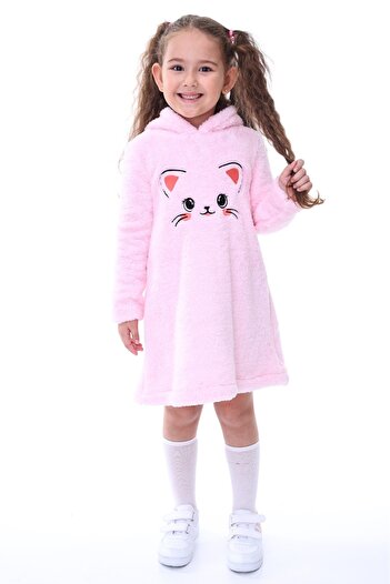 aden kids Kız Çocuk Pembe Kapşonlu Peluş Elbise
