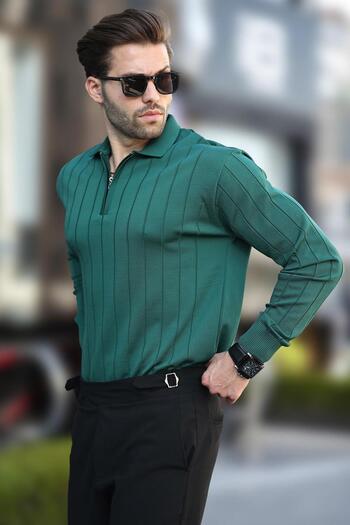 Madmext Polo Collar Zippered Green Knitted Sweater 7242