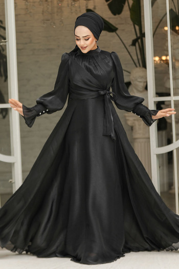 Neva Style Black Hijab Evening Dress with Tie Detail 48051S