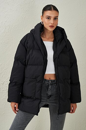 TENA Γυναικεία Μαύρη Τσάντα Τσέπη Oversize Παλτό