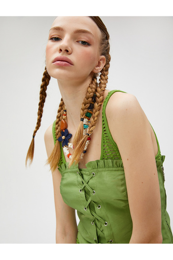 Koton Strapless Top with Corset Look and Tie-Up Ruffle Detail