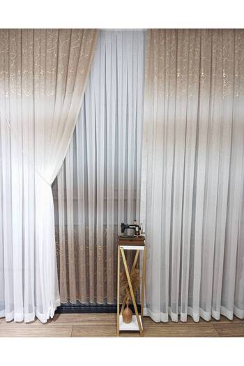 farbateks Olympos Mink Beige Gold Leaf Color New Fashion Right/Left Suit Tulle Background Curtain