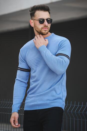 Oksit Seka 823 Crew Neck Sleeve Striped Slim Cut Men's Sweater