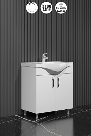 ÖZCEDEN Yıldız 55 cm Beyaz MDF Seramik Lavabolu Ayaklı Banyo Alt Dolabı