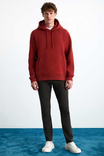 GRIMELANGE Men's Brick Color Fleece Hooded Sweatshirt - Soft, Kangaroo Pocket