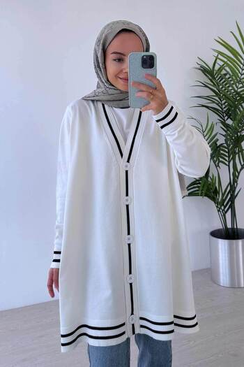Ka Hijab Mercerized Hijab Cardigan with Line Detail Buttons - White