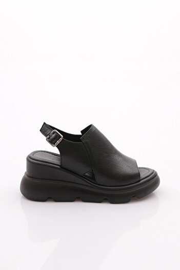 DGN Black Genuine Leather Thick Sole Women's Sandals - 3122187635108