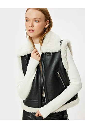 Koton Faux Fur Collar Shiny Leather Vest - Sleeveless, Zipper and Pocket Detail