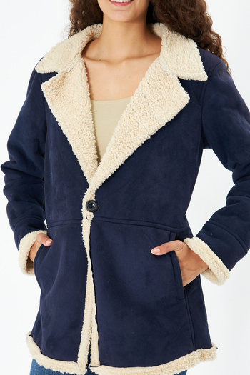 Oyga Women's Blue Fur Lined Single Button Nubuck Coat