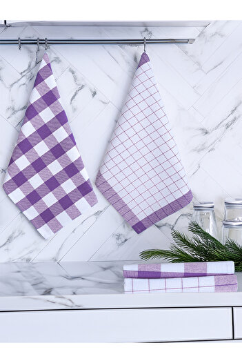Tuable Serina 4-Piece Checked Set - Kitchen Drying Cloth, Nutrition Cover, American Service, Lilac 45X70Cm