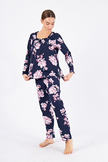 ESPİNA Women's Square Neck Gathered Slit Bow Detailed Pajamas Set