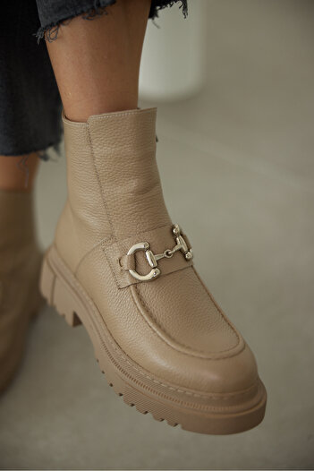 selinshoes Melodi Genuine Leather Front Buckle Detailed Zippered Boots - Beige Leather