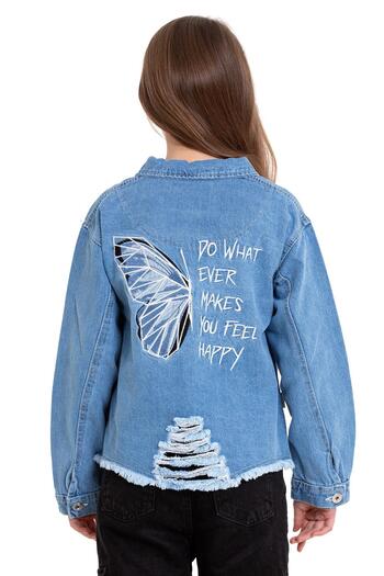 zepkids Shirt Collar Long Sleeve Back Butterfly Embroidered Blue Color Girl's Jean Jacket