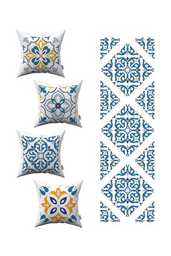 Cango Home Λευκό Μπλε Μοντέρνο Ethnic Πλακάκι με μοτίβο 4 τεμαχίων Κάλυμμα μαξιλαριού 1 Runner Σετ 4kmbs100-rs-02