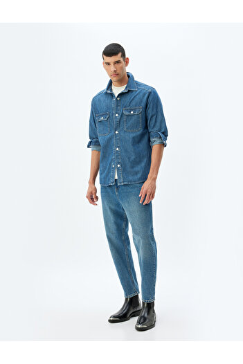 Koton Cotton Long Sleeve Denim Shirt Jacket - Clamshell Pocket Detail