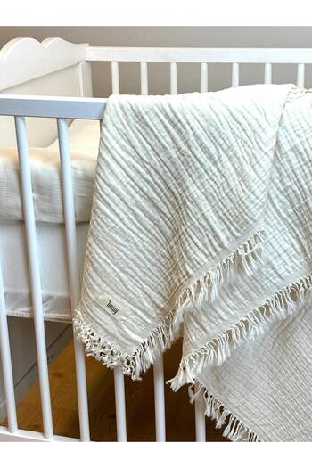 NOİSY TEKSTİL Ecru 4 Layer Fringed Muslin 100% Cotton Muslin Blanket & Cover 110 X 110 cm
