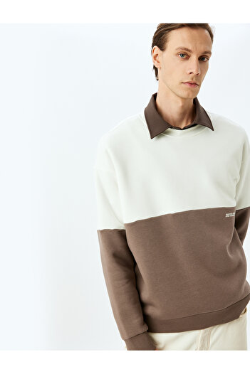 Koton Crew Neck Cotton Blended Raster Colorblock Basic Minimal Printed Oversize Sweatshirt