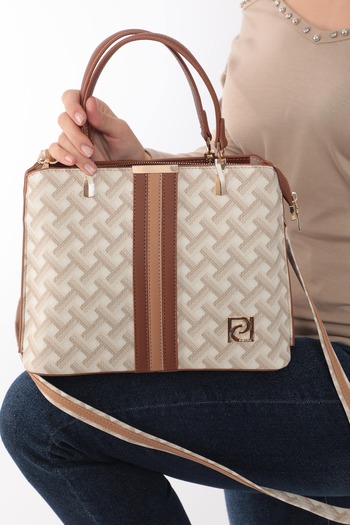 Piedra Beige Tan Color Three Dimensional Patterned New Season Women's Bag with Hand and Shoulder Strap