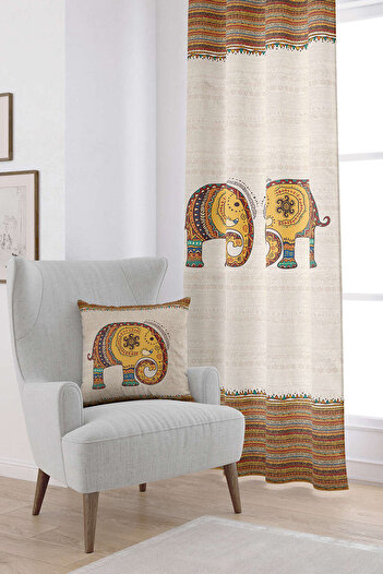 Cango Home Cream Ethnic Elephant Patterned Digital Printed Curtain Cgh1256-2-pr