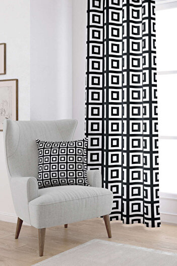 Cango Home White Black Modern Geometric Square Patterned Digital Printed Curtain Otyk558-pr