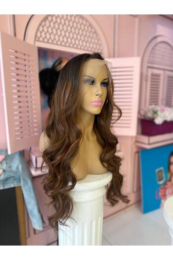 LOLLY PONY Dalgalı Kumral Dip Boyalı 75 cm Kore Fiber Sentetik Ön Tül Peruk