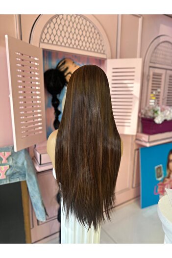 LOLLY PONY Düz Kestane Işıltılı 75 cm Kore Fiber Sentetik Ön Tül Peruk