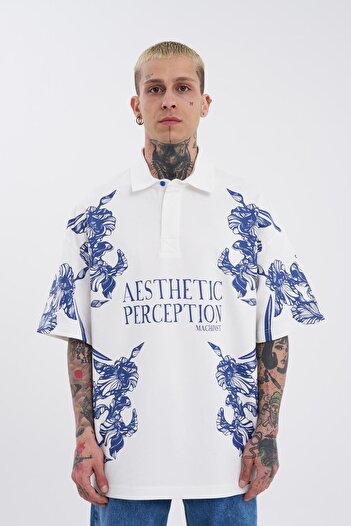 Machinist Ecru Polo Neck Men's T-Shirt - Aesthetic Flower Printed