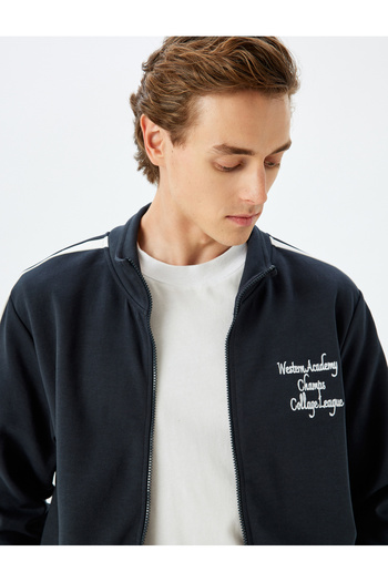 Koton Cardigan cu fermoar din bumbac, cu guler în picioare, brodat pentru colegiu