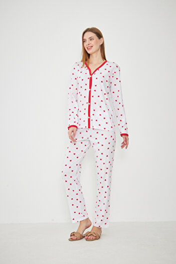ESPİNA Kadın V Yaka Düğmeli Uzun Kollu Pijama Takımı
