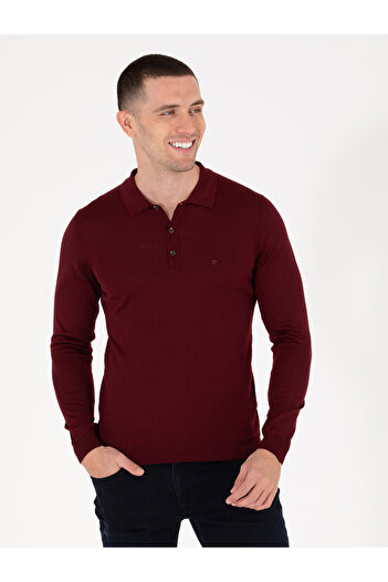 Pierre Cardin Kırmızı Slim Fit Polo Yaka Yün Karışımlı Basic Triko Kazak 50257322-VR030