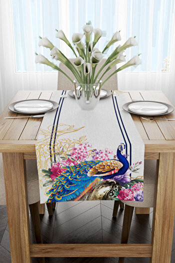 Cango Home Albastru Gri Decorativ Păun Model Digital Printed Runner Cgh1067-rn