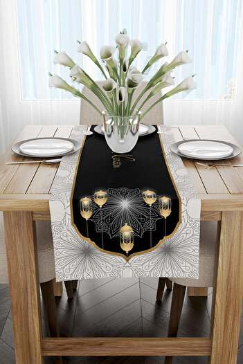 Cango Home Black and White Ramadan Themed Patterned Digital Printed Runner Cgh1291-rn