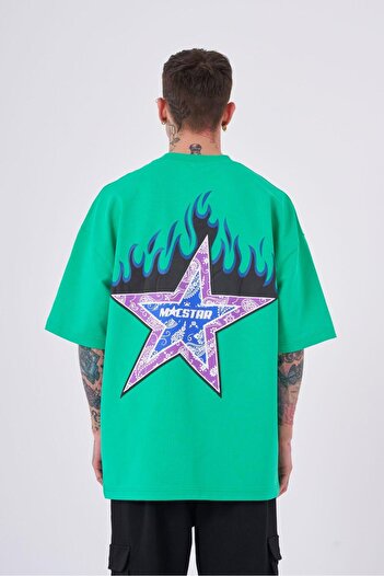 Machinist Men's Macstar Flame Printed Oversize Light Green T-Shirt