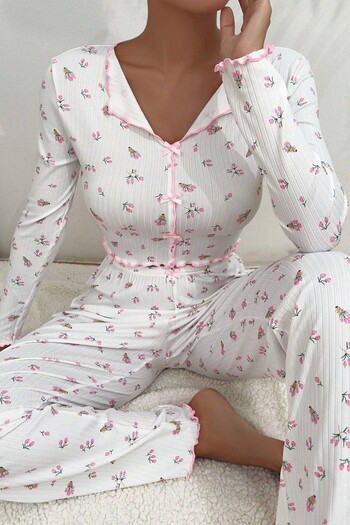 BELLA NOTTE V-Neck Printed Long Pajama Set with Bow Detail