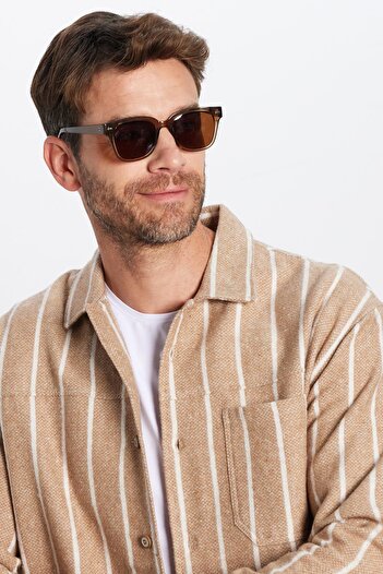 Tudors Men's Relax Fit Relax Fit Lumberjack Double Pocket Striped Ecru Winter Coat Shirt