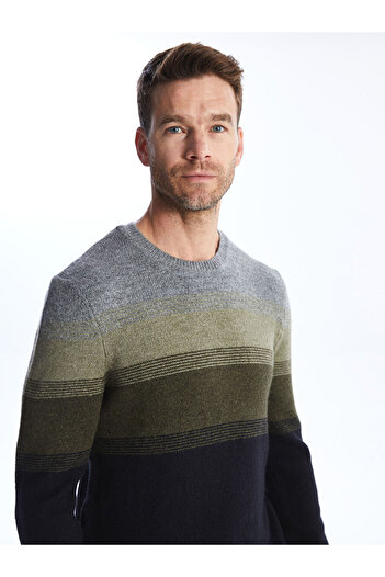 LC Waikiki Men's Knitwear Sweater - Crew Neck, Long Sleeve, Color Block