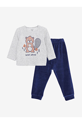 LC Waikiki Lcw Bisiklet Yaka Baskılı Kadife Erkek Bebek Pijama Takımı