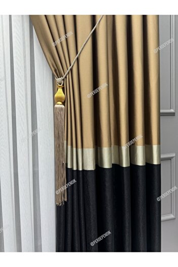 Perde Pendik Black Gold Detailed Brown Panel Background Curtain - Single Wing Stylish Design, Modern and High Quality Background Curtain
