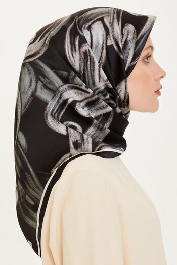 Armine Nostalgia Series Twill Silk Scarf 9253D-09 Chain Pattern Black - Gray