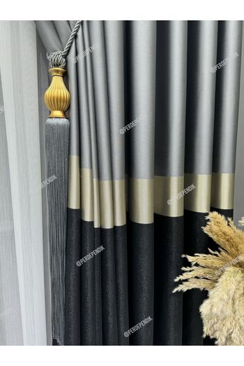 Perde Pendik Black Gold Detailed Gray Panel Background Curtain - Single Wing Stylish Design, Modern and High Quality Background Curtain