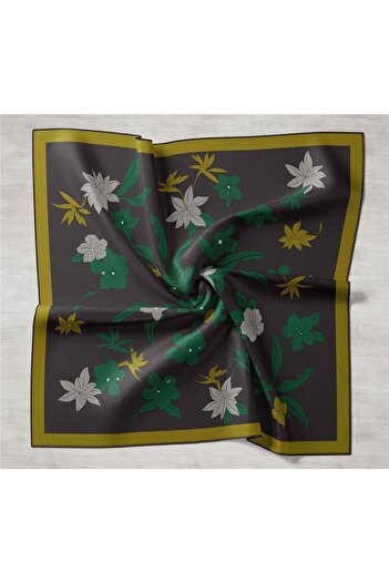 Silk Home Antrasit Yeşil Çiçek Desenli Tivil İpek Eşarp-11441-15-KVS0419