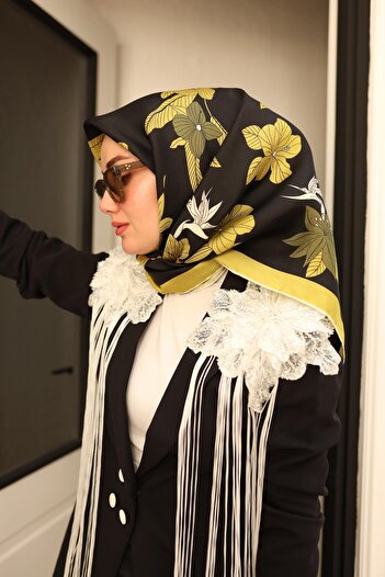Silk Home Black Green Floral Print Tivil Silk Scarf-11441-34-Kvs0427