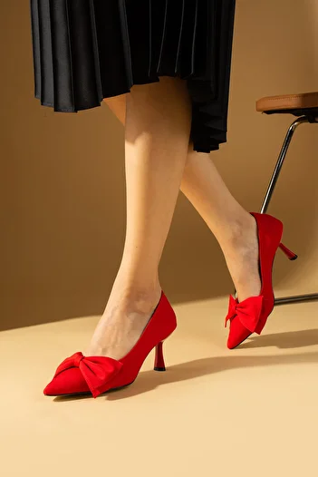 Pembe Potin Red Satin Bow Low Heel Graduation Office Classic Heeled Stiletto Shoes