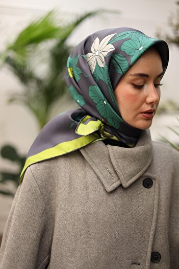 Silk Home Anthracite Green Floral Print Tivil Silk Scarf-11441-15-Kvs0419