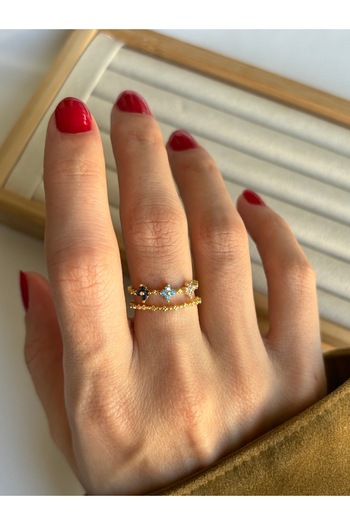 ringbox Mavi Çok Renkli İki Sıralı Yonca Yüzük